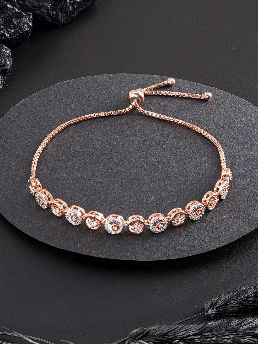 Rose Gold Toned Zircon  Embellished Circular Link  Adjustable Pull Chain Slider Bracelet